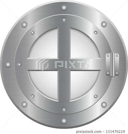 Brushed silver round hatch with reinforced cross, featuring rivets and a locking mechanism. Brushed silver round hatch with reinforced cross, featuring rivets and a locking mechanism. 131470229