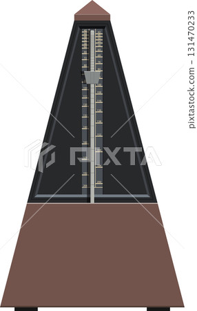 A classical wooden metronome stands in a black background, counting out the musical time. 131470233