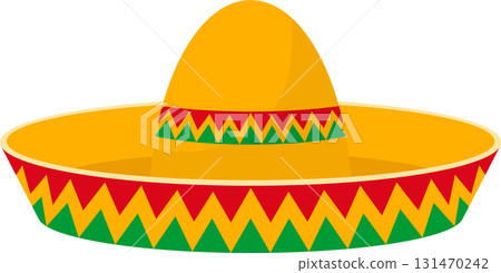 A traditional yellow sombrero with vibrant red and green zig-zag patterns on the brim and top. 131470242