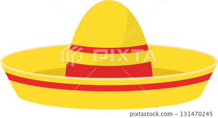 A vibrant yellow sombrero with red stripes, perfect for sunny days and festive celebrations. 131470245