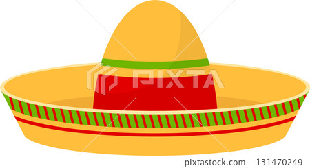 Stylized traditional yellow and red sombrero with green accents on a plain black backdrop. Stylized traditional yellow and red sombrero with green accents on a plain black backdrop. 131470249