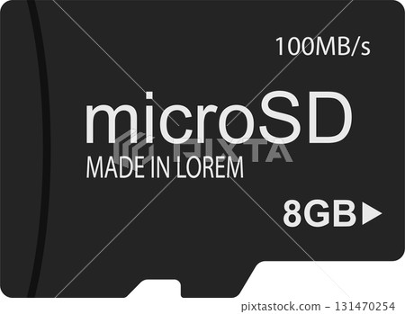 Close-up of a black microSD card showcasing its storage capacity and data transfer speed. 131470254