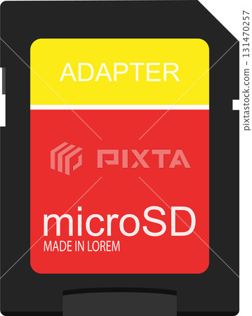 Illustration of a microSD card adapter with yellow and red sections on a black background. 131470257
