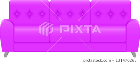 Stylized bright pink couch with tufted back, three seat cushions, and rounded arm rests. 131470263