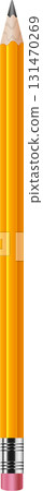 A graphic illustration of a striped, yellow, unsharpened pencil with eraser and silver ferrule. 131470269
