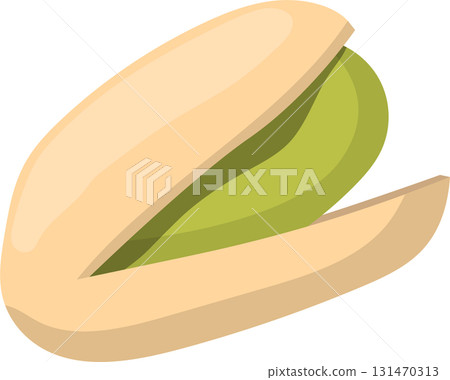 A partially cracked pistachio shell reveals the bright green nut inside, inviting snacking. 131470313