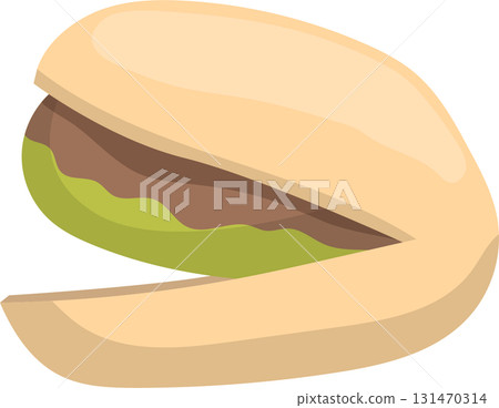 An illustration of an open pistachio showing the nut inside its shell on a black background. 131470314