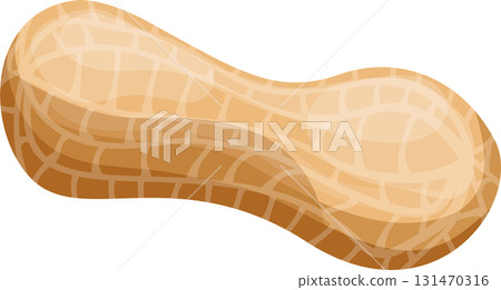 A close-up of a peanut still in the shell. The shell is brown, beige with a patterned texture. 131470316