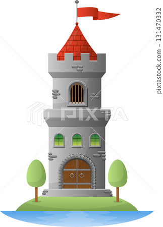 Whimsical stone tower with red roof and flag, standing guard on an island near the waters edge. 131470332