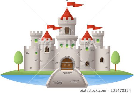 Cartoon castle with red flags on a green island. It has stone towers, a bridge, and water. Cartoon castle with red flags on a green island. It has stone towers, a bridge, and water. 131470334