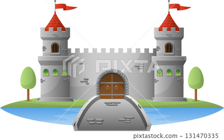 Cartoon castle with towers, bridge, and moat evoking a sense of fairytale and medieval stories. Cartoon castle with towers, bridge, and moat evoking a sense of fairytale and medieval stories. 131470335