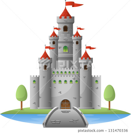 A majestic gray castle with red flags stands tall on an island surrounded by a moat. A majestic gray castle with red flags stands tall on an island surrounded by a moat. 131470336