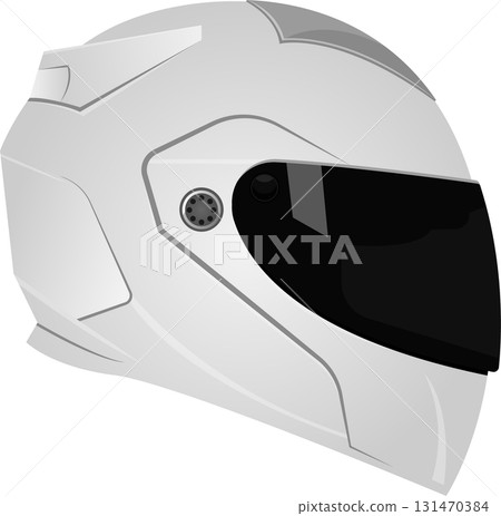 A white motorcycle helmet with a dark visor provides head protection for a motorcycle driver. A white motorcycle helmet with a dark visor provides head protection for a motorcycle driver. 131470384