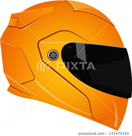 Stylized orange helmet with a dark visor for safety during motorsport or cycling activities. Stylized orange helmet with a dark visor for safety during motorsport or cycling activities. 131470393