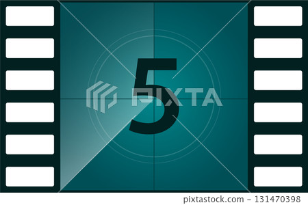 Film countdown: Five seconds to start, teal background, retro aesthetic for the cinema. Film countdown: Five seconds to start, teal background, retro aesthetic for the cinema. 131470398