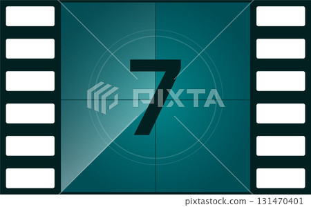 A countdown graphic displays the number 7 on a teal screen within a classic filmstrip frame. A countdown graphic displays the number 7 on a teal screen within a classic filmstrip frame. 131470401