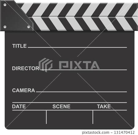 Film slate marking title, director, camera, date, scene, and take for filmmaking and video production. 131470412