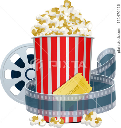 Cartoon film themed image featuring a bucket of popcorn, film reel, film strip and a ticket. 131470416