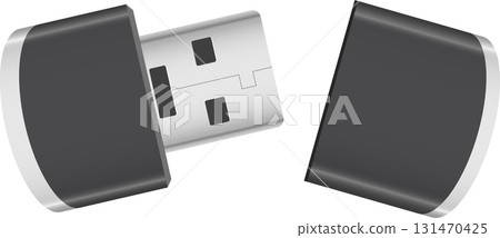 Open data storage device, an unbranded gray and silver USB drive with cap removed on black. Open data storage device, an unbranded gray and silver USB drive with cap removed on black. 131470425