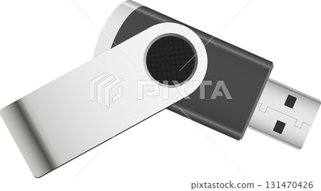 A grey and silver universal serial bus drive sits at an angle, with a black background. A grey and silver universal serial bus drive sits at an angle, with a black background. 131470426