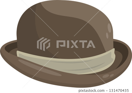 Vintage styled brown bowler hat with an off white ribbon trim on a black studio backdrop. Vintage styled brown bowler hat with an off white ribbon trim on a black studio backdrop. 131470435