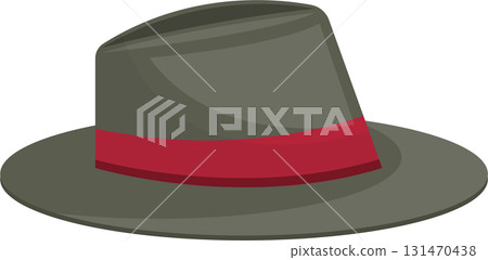 A grey hat with a red band is presented against a black backdrop in a digitally-rendered image. A grey hat with a red band is presented against a black backdrop in a digitally-rendered image. 131470438