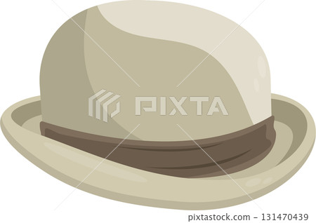 Classic bowler hat with neutral tones and brown ribbon accent, symbolizing vintage fashion. 131470439