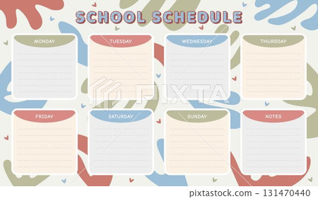 Vector school schedule template in boho colors. Timetable for schoolchildren, doodle cartoon design in bohemian style, weekly lesson planner with fluid blots, 7 days and note card Vector school schedule template in boho colors. Timetable for schoolchildren, doodle cartoon design in bohemian style, weekly lesson planner with fluid blots, 7 days and note card 131470440