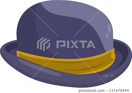 Illustration of a stylish bowler hat in blue with a gold band around it, set against black 131470444