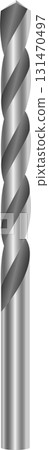 Close-up of a metal drill bit with a silver color and a spiraling design against a black background. 131470497