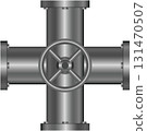 Metal industrial pipes connecting in a cross shape with a central valve for control. 131470507
