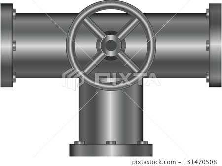 Metallic pipeline valve with wheel control, shown on a black background in a studio shot. 131470508