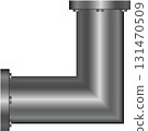 A metallic pipe makes a ninety degree turn, affixed with bolts and flanges against black background. 131470509