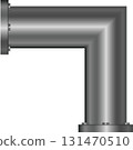 A grey metallic pipe creates a 90-degree angle on a black background; industrial fitting. 131470510