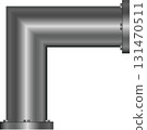 A 90-degree metallic pipe fitting with flanged ends and visible fasteners is shown against black. 131470511