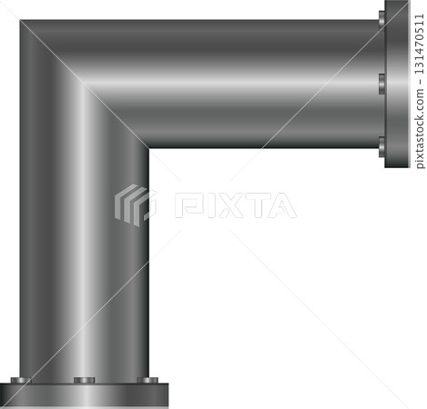 A 90-degree metallic pipe fitting with flanged ends and visible fasteners is shown against black. 131470511