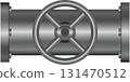 Metallic pipeline with central valve, a control point in a industrial or infrastructure setup. 131470512