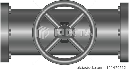 Metallic pipeline with central valve, a control point in a industrial or infrastructure setup. 131470512