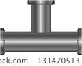 Metallic pipe T-joint fitting with flange connectors and bolt details on a black background. 131470513