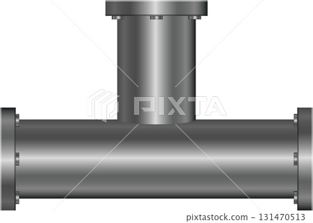 Metallic pipe T-joint fitting with flange connectors and bolt details on a black background. 131470513