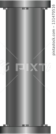 Silver metal cylinder supported by horizontal bars, set against a plain black background. 131470516