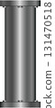A cylindrical gray object with metallic shine, bolted to surfaces against a dark background. 131470518