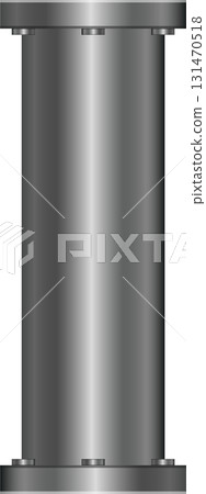 A cylindrical gray object with metallic shine, bolted to surfaces against a dark background. 131470518