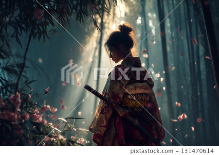 Samurai in Kimono with Katana in Bamboo Forest with Falling Petals Samurai in Kimono with Katana in Bamboo Forest with Falling Petals 131470614