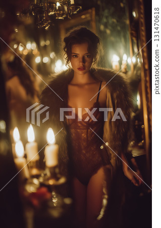 Woman in Red Lace Bodysuit and Fur Coat Beside Mirror and Candles Woman in Red Lace Bodysuit and Fur Coat Beside Mirror and Candles 131470618