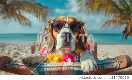 Beagle in Sunglasses and Flower Lei Relaxing on Beach Chair Beagle in Sunglasses and Flower Lei Relaxing on Beach Chair 131470619