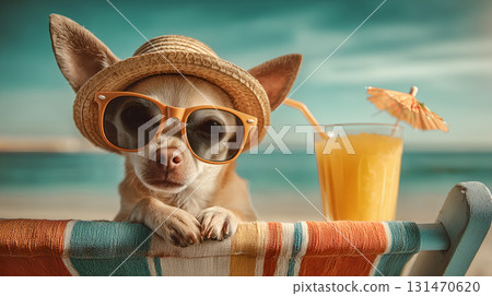 Chihuahua in Straw Hat and Sunglasses Relaxing on Beach Chair Chihuahua in Straw Hat and Sunglasses Relaxing on Beach Chair 131470620
