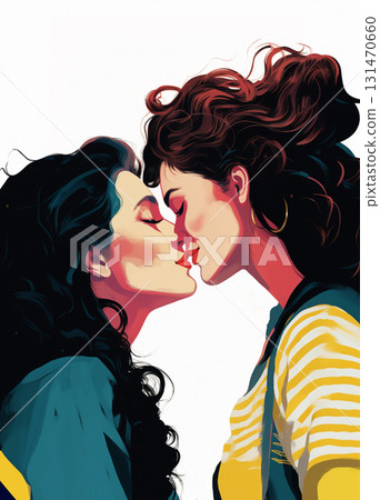Two brunette women depicted in early 2000s style, shown from the shoulders up. Their lips nearly touch, eyes half-closed, sharing a close, intimate moment. The scene captures the tension and tendernes Two brunette women depicted in early 2000s style, shown from the shoulders up. Their lips nearly touch, eyes half-closed, sharing a close, intimate moment. The scene captures the tension and tendernes 131470660