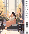 Two girls depicted in anime style sit together on a cozy couch in a very cute, warmly decorated room. They embrace each other gently, offering comfort and support, looking like close friends or sister 131470663