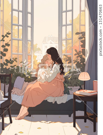 Two girls depicted in anime style sit together on a cozy couch in a very cute, warmly decorated room. They embrace each other gently, offering comfort and support, looking like close friends or sister 131470663